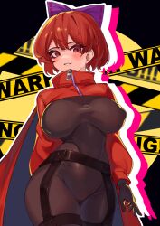 Rule 34 | 1girl, adapted costume, akatsuki records, black bodysuit, bodysuit, bow, breasts, cape, caution tape, commentary request, covered erect nipples, cowboy shot, gloves, hair bow, highres, large breasts, latex, latex bodysuit, latex gloves, latex suit, long sleeves, looking at viewer, parted lips, purple bow, qwas69, red cape, red eyes, red hair, rock &#039;n&#039; rock &#039;n&#039; beat, sekibanki, short hair, solo, thighhighs, touhou, zipper