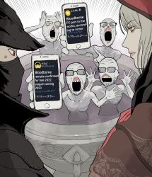 Rule 34 | 1girl, 1other, 4boys, anachronism, blank eyes, bloodborne, cellphone, cloak, closed mouth, commentary, emphasis lines, english commentary, english text, facial hair, fountain, giganticbuddha, glasses, grey hair, hands on own head, hat, highres, hunter (bloodborne), iphone, kotaku, looking at another, mask, meme, messengers (bloodborne), mouth mask, multiple boys, open mouth, phone, plain doll, pointing, red eyes, simple background, smartphone, soyjak (meme), standing, stubble, sweatdrop, teeth, twitter, two soyjaks pointing (meme), white background, wojak, yellow eyes