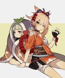 Rule 34 | 2girls, :t, angry, bare legs, black gloves, blunt bangs, blush, bracelet, choker, commentary request, fingerless gloves, full body, genshin impact, gloves, green hair, hadanugi dousa, hair between eyes, hair ornament, highres, japanese clothes, jewelry, kimono, leaf, leaf on head, letterboxed, looking at viewer, merry-san, multiple girls, obi, one eye closed, open clothes, open kimono, orange eyes, orange hair, orange kimono, ponytail, purple eyes, red choker, rope, sarashi, sash, sayu (genshin impact), seiza, shimenawa, short hair, simple background, single fingerless glove, sitting, under covers, vision (genshin impact), waving, yellow background, yoimiya (genshin impact)
