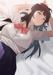 Rule 34 | 1girl, arms up, bed sheet, blue skirt, bow, breasts, brown hair, closed mouth, collared shirt, commentary request, dress shirt, green eyes, long hair, looking at viewer, lying, medium breasts, on back, original, pleated skirt, red bow, school uniform, shirt, short sleeves, skirt, smile, solo, subachi, very long hair, white shirt