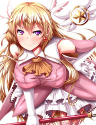 Rule 34 | &gt;:), 1girl, ascot, bare shoulders, blonde hair, blush, breasts, closed mouth, cosplay, covered erect nipples, cowboy shot, earrings, elbow gloves, fate/kaleid liner prisma illya, fate (series), frilled skirt, frills, gloves, hand on own hip, head wings, highres, jewelry, large breasts, layered skirt, leaning forward, long hair, looking at viewer, magical girl, magical ruby, prisma illya, prisma illya (cosplay), purple eyes, shirt, skirt, sleeveless, sleeveless shirt, solo, touhou, v-shaped eyebrows, very long hair, wand, white background, white gloves, white skirt, wings, yakumo yukari, zan (harukahime)