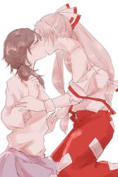 Rule 34 | 2girls, bad id, bad pixiv id, bow, brown hair, closed eyes, fujiwara no mokou, hair bow, highres, holding another&#039;s wrist, interlocked fingers, kiss, long hair, long sleeves, low twintails, multiple girls, no eyewear, pants, partially undressed, shirt, short twintails, skirt, sooru0720, suspenders, suspenders slip, torn clothes, touhou, twintails, usami sumireko, white hair, yuri