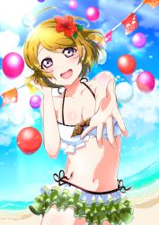 Rule 34 | 1girl, :d, absurdres, ahoge, blonde hair, blush, body blush, breasts, cleavage, cloud, collarbone, commentary request, day, female focus, flower, hair flower, hair ornament, hand up, highres, koizumi hanayo, looking at viewer, love live!, love live! school idol project, navel, open mouth, outdoors, outstretched hand, pon yui, purple eyes, sand, shiny skin, shore, short hair, sky, smile, solo, swimsuit, teeth, tongue, upper teeth only, water