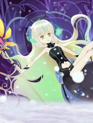 Rule 34 | 1girl, absurdly long hair, antennae, atelier (series), atelier escha &amp; logy, bare arms, bare legs, bare shoulders, blonde hair, clothing cutout, dress, expressionless, falling, female focus, flameu (atelier), flat chest, floating, flower, forehead jewel, green eyes, highres, horns, invisible chair, jewelry, light particles, long hair, multicolored hair, navel, navel cutout, neckwear request, open mouth, penitenn, rainbow hair, showgirl skirt, sitting, sleeveless, sleeveless dress, solo, staff, strapless, strapless dress, very long hair, weapon