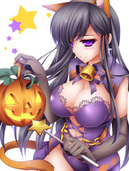 Rule 34 | 1girl, animal ears, bell, black hair, blush, breasts, cat ears, cat tail, cleavage, collar, cross, cross earrings, earrings, elbow gloves, gloves, hairband, halloween, highres, jack-o&#039;-lantern, jewelry, large breasts, long hair, monety, navel, neck bell, original, pumpkin, purple eyes, solo, tail, wand