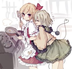 Rule 34 | 2girls, ai (eye ai31), alternate costume, apron, blonde hair, blouse, blush, bow, closed eyes, collar, collared shirt, cooking, couple, dress, egg, egg (food), female focus, flandre scarlet, food, frilled apron, frilled collar, frilled dress, frilled skirt, frilled sleeves, frills, from side, green hair, green skirt, hair between eyes, hair ribbon, hand on another&#039;s back, heart, heart of string, holding, indoors, komeiji koishi, leaning, leaning forward, light smile, looking at another, looking back, multiple girls, pan, profile, puffy short sleeves, puffy sleeves, raised eyebrows, red bow, red eyes, red ribbon, red shirt, red skirt, ribbon, shirt, short hair, short sleeves, simple background, skirt, smile, sorani (kaeru0768), spatula, steam, stove, string, tagme, touhou, wavy hair, white background, white shirt, wide sleeves, wrist cuffs, yellow shirt, yuri