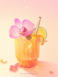 Rule 34 | artist name, commentary request, crescent, cup, drink, drinking glass, drinking straw, flower, food, food focus, fruit, garnish, gradient background, highres, huhv., ice, lime (fruit), lime slice, no humans, original, pink flower, star (symbol), still life, yellow flower