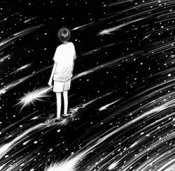 Rule 34 | 1boy, arms at sides, from behind, greyscale, highres, meteor shower, monochrome, motion blur, night, original, outdoors, reflection, reflective water, ripples, sae sae, shirt, short hair, short sleeves, shorts, sky, solo, standing, star (sky), starry sky, t-shirt, wading, water