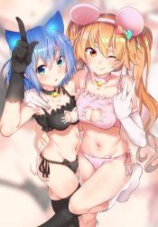 Rule 34 | 2girls, :o, ;), animal ears, ansatsuken wa cheat ni fukumaremasu ka? kanojo to mezasu saikyou gamer, bare shoulders, bell, black bra, black choker, black gloves, black neckwear, black panties, blue eyes, blue hair, blush, bow, bra, breasts, brown hair, cat cutout, cat ear panties, cat ears, cat lingerie, choker, cleavage, cleavage cutout, closed mouth, clothing cutout, commentary, elbow gloves, fake animal ears, feet out of frame, frilled bra, frills, gloves, gradient bow, hair between eyes, hair bow, hair ornament, hand on another&#039;s shoulder, hands up, highres, jewelry, jingle bell, leg up, legs together, long hair, looking at viewer, medium breasts, meme attire, midriff, mouse ears, multiple girls, navel, neck bell, necklace, one eye closed, open mouth, orange eyes, panties, paw pose, pink choker, pink gloves, pink neckwear, ryouma (galley), short hair, side-tie panties, skindentation, smile, sparkle, standing, standing on one leg, stomach, string panties, teeth, thighhighs, twintails, underwear, underwear only, v, very long hair, white footwear, white legwear