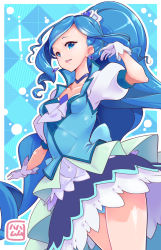 Rule 34 | argyle, argyle background, argyle clothes, blue background, blue eyes, blue hair, breasts, cure fontaine, earrings, gloves, hamuhamu, healin&#039; good precure, heart, highres, jewelry, long hair, looking at viewer, magical girl, open mouth, ponytail, precure, sawaizumi chiyu, small breasts, solo, teeth, upper teeth only, white gloves