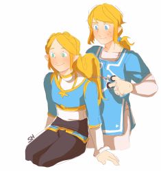 Rule 34 | 1boy, 1girl, aqua eyes, artist request, blonde hair, blue eyes, blue tunic, cutting hair, elf, frown, highres, link, long hair, looking at another, nintendo, pants, pointy ears, princess zelda, scissors, smile, sweatdrop, the legend of zelda, the legend of zelda: breath of the wild, the legend of zelda: tears of the kingdom