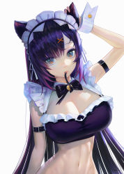 Rule 34 | 1girl, animal ears, arm up, armband, bad id, bad twitter id, bare shoulders, bell, black bow, black hairband, black neckwear, borrowed character, bow, breasts, cat ears, cleavage, closed mouth, etama quomo, eyeshadow, fingernails, green eyes, hair between eyes, hair ornament, hairband, long hair, looking at viewer, maid, maid headdress, makeup, mouth hold, navel, neck bell, original, pink lips, purple eyeshadow, purple hair, signature, solo, wrist cuffs, x, x hair ornament