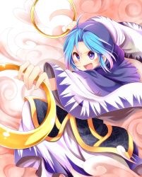 Rule 34 | &gt;:d, 1girl, :d, blue eyes, blue hair, blush, capelet, chikuwa savy, hair intakes, heart, highres, holding, hood, hoop, kesa, kumoi ichirin, matching hair/eyes, open mouth, outstretched arm, robe, smile, solo, touhou, v-shaped eyebrows