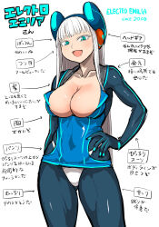 Rule 34 | 1girl, blue dress, blue eyes, bodysuit, breasts, character name, cleavage, collarbone, commentary request, dress, electro emilia, hand on own hip, headgear, highleg, highleg panties, ken (koala), large breasts, long hair, long sleeves, looking at viewer, microdress, neon trim, open mouth, original, panties, shiny clothes, shiny skin, simple background, smile, translation request, underwear, white background, white hair, white panties