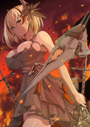 Rule 34 | 1girl, alternate costume, azur lane, bare shoulders, black dress, blonde hair, breasts, brown eyes, chushou wang, cleavage, dress, earrings, hair between eyes, hair ornament, highres, holding, holding sword, holding weapon, jewelry, large breasts, looking at viewer, multicolored hair, parted lips, red hair, rigging, roon (azur lane), roon (dark red grin) (azur lane), short hair, smile, solo, streaked hair, sword, thighlet, weapon