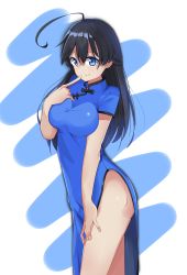 Rule 34 | 1girl, absurdres, ahoge, alternate costume, black hair, blue dress, blue eyes, breasts, china dress, chinese clothes, closed mouth, commentary, cowboy shot, dress, finger to mouth, girls und panzer, hand on own thigh, high collar, highres, isuzu hana, kshimu, large breasts, legs, long dress, long hair, looking at viewer, short sleeves, side slit, smile, solo, standing