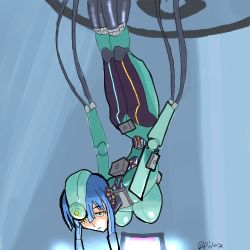 Rule 34 | 1girl, android, blue hair, breasts, cable, captain (artist), captain (drawfag), glados, glados-tan, hanging, hanging breasts, large breasts, lowres, personification, portal (series), portal 1, robot, solo, spoilers, valve, yellow eyes
