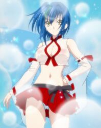 Rule 34 | 1girl, artist request, blue hair, breasts, cleavage, colored skin, high school dxd, highres, large breasts, looking at viewer, medium breasts, navel, panties, red skirt, screencap, see-through, see-through shirt, skirt, third-party edit, underwear, white panties, white skin, xenovia quarta, yellow eyes