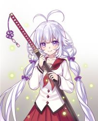 Rule 34 | 1girl, antenna hair, bow, closed mouth, commentary request, copyright request, gradient background, grey background, hair bow, holding, holding sword, holding weapon, kangetsu (fhalei), katana, light purple hair, long hair, long sleeves, long sword, looking at viewer, low twintails, neckerchief, pleated skirt, purple bow, purple eyes, red neckerchief, red sailor collar, red skirt, sailor collar, scabbard, school uniform, serafuku, sheath, sheathed, shirt, skirt, smile, solo, sword, twintails, weapon, white shirt