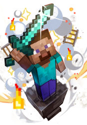 Rule 34 | 1boy, anvil, beard, blue eyes, brown hair, minecraft sword, explosion, facial hair, holding, holding sword, holding weapon, hungry clicker, looking at viewer, minecraft, minecraft sword, railroad tracks, shirt, solo, standing on object, steve (minecraft), sword, t-shirt, weapon, white background
