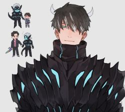 Rule 34 | 2boys, age progression, armor, bbbb fex, black armor, black jacket, black tail, blue eyes, brown hair, chibi, demon boy, demon horns, demon tail, expressionless, eyebrows, fusion, glowing, glowing armor, holding hands, horns, igarashi ikki, jacket, kamen rider, kamen rider revice, looking down, male focus, multiple boys, pink shirt, possessed, revicelasher, shirt, spoilers, sword, tail, vice (kamen rider revice), weapon, white hair, white horns, aged down