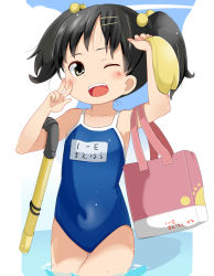 Rule 34 | 1girl, bad id, bad pixiv id, bag, black hair, blush, brown eyes, child, competition school swimsuit, hair bobbles, hair ornament, hairclip, one-piece swimsuit, one eye closed, open mouth, original, school swimsuit, short twintails, smile, snorkel, solo, swimsuit, tamakorogashi, thigh gap, thighs, twintails, v, water, wink