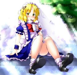 Rule 34 | 1girl, aka tawashi, apron, black footwear, black ribbon, blonde hair, blue dress, blush, bow, bowtie, commentary request, cup, dress, drinking, drinking straw, full body, hair ribbon, high heels, highres, holding, holding cup, knees up, light rays, looking at viewer, maid, maid headdress, mary janes, miniskirt, mugetsu (touhou), petticoat, platform footwear, puffy short sleeves, puffy sleeves, red bow, red bowtie, ribbon, shoe soles, shoes, short hair, short sleeves, sitting, skirt, socks, solo, thighs, touhou, touhou (pc-98), white apron, white socks, wrist cuffs, yellow eyes