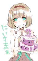 Rule 34 | 1girl, black dress, brown hair, cake, dress, eating, finger in own mouth, food, food in mouth, food on face, green eyes, gretel (sinoalice), hair between eyes, hairband, holding, holding plate, looking at viewer, plate, short hair, short sleeves, simple background, sinoalice, solo, teroru, white background