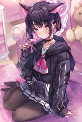 Rule 34 | 1girl, animal ears, black hair, blue archive, candy, cat ears, choker, couch, fingernails, food, highres, holding, jacket, kazusa (blue archive), lollipop, multicolored hair, nail polish, no shoes, pink eyes, pink hair, pink nails, short hair, sitting, solo, sorashima (117), stuffed toy, thighhighs, two-tone hair