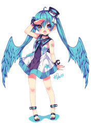 10s 1girl 2015 ao_jun aqua_eyes aqua_hair dated dress female_focus hair_wings hat hatsune_miku head_wings long_hair open_mouth sailor_dress salute sandals simple_background solo twintails very_long_hair vocaloid white_background wings