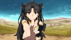 Rule 34 | 2girls, animated, animated gif, armlet, armor, asymmetrical legwear, bare shoulders, black hair, crossed arms, crown, earrings, fate/grand order, fate (series), forced smile, fujimaru ritsuka (male), hair ornament, highleg, highleg panties, ishtar (fate), jewelry, leotard, long hair, looking at another, mash kyrielight, multiple girls, panties, short hair, sky, smile, standing, sweat, thong, tsundere, twintails, underwear, uneven legwear, very long hair