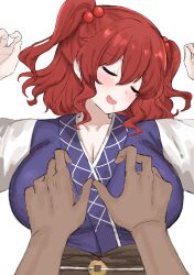 Rule 34 | 1boy, 1girl, absurdres, blush, breasts, coin, drooling, hair bobbles, hair ornament, highres, kumiyabe, large breasts, obi, onozuka komachi, open mouth, red eyes, red hair, sash, simple background, sleeping, solo focus, touhou, two side up, upper body, white background