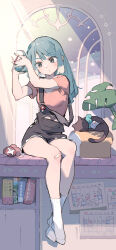 Rule 34 | 1girl, bandaid, bandaid on knee, bandaid on leg, black cat, black overalls, blue hair, book, bookshelf, bread, breasts, calendar (object), cat, character request, colored tips, copyright request, food, full body, grey eyes, hair between eyes, hair tie, hands up, hanging legs, highres, light blush, loaf of bread, long hair, multicolored hair, night, night sky, overalls, parted lips, pink shirt, plant, shirt, short sleeves, sidelocks, sitting, sky, socks, solo, star (sky), star (symbol), stuffed animal, stuffed cat, stuffed toy, sunlight, tennohi, tying hair, virtual youtuber, white socks