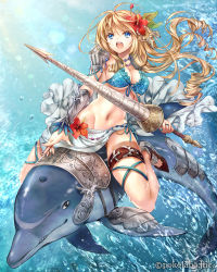 Rule 34 | &gt;:o, 1girl, :o, armor, armored boots, barding, belly chain, bikini, blonde hair, blue bikini, blue eyes, blue nails, boots, breasts, company name, dolphin, drill hair, eikou no guardian battle, floral print, flower, gradient background, hair flower, hair ornament, hibiscus, highres, holding, holding weapon, jewelry, lance, long hair, looking afar, madogawa, nail polish, navel, necklace, no socks, official art, open mouth, pauldrons, polearm, print bikini, riding, ring, sarong, shell, shoulder armor, side-tie bikini bottom, solo, sunlight, swimsuit, thigh strap, v-shaped eyebrows, vambraces, very long hair, water, water drop, watermark, weapon