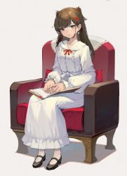 Rule 34 | 1girl, absurdres, armchair, black footwear, book, brown hair, chair, dress, earrings, full body, green eyes, hair ornament, hairclip, highres, jewelry, kankou tokudou, long hair, long sleeves, mary janes, open book, original, own hands together, parted lips, shoes, simple background, sitting, solo, two side up, white background, white dress