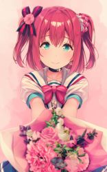 Rule 34 | 10s, 1girl, aqua eyes, bad id, bad twitter id, blurry, bouquet, bow, bowtie, choker, closed mouth, collarbone, commentary request, depth of field, earrings, flower, hair bow, hair flower, hair ornament, head tilt, highres, jewelry, kurosawa ruby, looking at viewer, love live!, love live! school idol festival, love live! sunshine!!, outstretched arms, pink background, pink theme, red hair, sailor collar, short sleeves, siva (executor), smile, solo, two side up