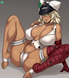 Rule 34 | 1girl, :o, absurdres, arm support, bandaged arm, bandaged leg, bandages, bare shoulders, breasts, dark-skinned female, dark skin, guilty gear, guilty gear strive, hat, highres, jmg, large breasts, micro shorts, navel, ramlethal valentine, sharp teeth, shorts, sitting, solo, spread legs, teeth, thighhighs, yellow eyes