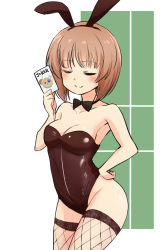 Rule 34 | 1girl, alternate costume, animal ears, animal print, bear print, black bow, black bowtie, black leotard, black thighhighs, boko (girls und panzer), bow, bowtie, breasts, brown hair, card, cleavage, closed mouth, commentary, doyagao, facing viewer, fake animal ears, fishnet thighhighs, fishnets, girls und panzer, hand on own hip, highres, holding, holding card, leotard, medium breasts, nasunael, nishizumi miho, one-hour drawing challenge, playboy bunny, rabbit ears, short hair, smile, smug, solo, standing, strapless, strapless leotard, thighhighs