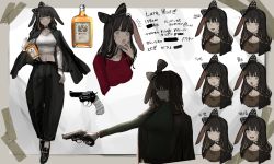 Rule 34 | 1girl, :o, @ @, aiming, alcohol, black bow, black hair, black jacket, black pants, blood, blood on clothes, blush, blush stickers, bottle, bow, brown shirt, closed mouth, collarbone, disgust, exasperation, expression chart, gun, hair bow, handgun, highres, holding, holding bottle, holding gun, holding weapon, jacket, jacket on shoulders, light brown hair, long hair, looking at viewer, midriff, multicolored hair, multiple views, narue, navel, open mouth, original, pants, polka dot, polka dot bow, red shirt, revolver, serious, shirt, streaked hair, striped, striped bow, suit jacket, surprised, suspenders, sweat, symbol-only commentary, translation request, weapon, whiskey, white shirt, wide-eyed