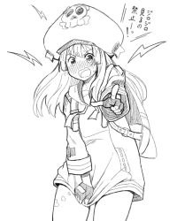 Rule 34 | !, 1girl, backpack, bag, blush, fingerless gloves, gloves, greyscale, guilty gear, hat, heart, heart tattoo, hood, hoodie, long hair, looking at viewer, may (guilty gear), monochrome, open mouth, pointing, pointing at viewer, poncocchan, simple background, sketch, solo, sweat, tattoo, tongue, white background