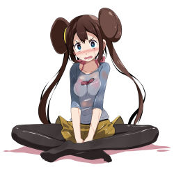 Rule 34 | 1girl, :o, arm between legs, arms between legs, between legs, black pantyhose, blue eyes, blush, bra, breasts, breasts squeezed together, brown hair, creatures (company), crossed legs, crying, crying with eyes open, double bun, game freak, hair bun, halterneck, hand between legs, highres, indian style, long hair, long sleeves, looking at viewer, medium breasts, nintendo, open mouth, pantyhose, pantyhose under shorts, pink bra, pokemon, pokemon bw2, rosa (pokemon), see-through, shirt, shorts, sidelocks, simple background, sitting, solo, sweat, tears, tsukishiro saika, twintails, two-tone shirt, underwear, wet, wet clothes, wet pantyhose, wet shirt, wet shorts, white background, yellow shorts