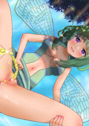 Rule 34 | 1girl, anus, censored, clothes lift, collarbone, dress, dress lift, dutch angle, fairy, fairy wings, feet out of frame, female focus, green hair, hand on own thigh, highres, lifted by self, medium hair, mosaic censoring, navel, nokironokii, open mouth, original, outdoors, parted lips, pee, peeing, purple eyes, pussy, spread legs, thighs, water drop, wings