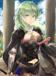 Rule 34 | 1girl, armor, armored dress, black pantyhose, breasts, brown pantyhose, byleth (female) (fire emblem), byleth (fire emblem), cloak, clothing cutout, cloud, cloudy sky, cowboy shot, day, detached collar, expressionless, fire emblem, fire emblem: three houses, flower, grass, green eyes, green hair, hair between eyes, haru (nakajou-28), highres, lace, lace-trimmed legwear, lace trim, lips, long hair, looking at viewer, medium breasts, midriff, miniskirt, navel, navel cutout, nintendo, outdoors, pantyhose, pantyhose under shorts, pillar, scabbard, sheath, sheathed, shorts, skirt, sky, solo, sword, vambraces, weapon, wind