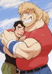 Rule 34 | 2boys, bara, beard, belly, biceps, black hair, blush, denim, facial hair, fangs, fat, fat man, from side, gardie (otsukimi), grin, hands on another&#039;s chest, happy, highres, hug, huge eyebrows, humanization, jeans, kouhei (otsukimi), large hands, long hair, long sideburns, male focus, multiple boys, muscular, muscular male, original, otsukimi, pants, pectorals, red shirt, shirt, short hair, sideburns, sideburns stubble, size difference, smile, stubble, t-shirt, thick eyebrows, yaoi