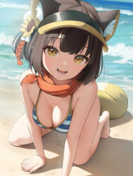 Rule 34 | 1girl, absurdres, all fours, animal ear fluff, animal ears, bananafish1111, bare arms, bare legs, bare shoulders, barefoot, beach, bikini, black hat, blue archive, breasts, brown hair, cleavage, day, eyeliner, fang, feet, flower, fox ears, fox girl, fox tail, hair flower, hair ornament, hat, highres, izuna (blue archive), izuna (swimsuit) (blue archive), looking at viewer, lower teeth only, makeup, medium breasts, ocean, official alternate costume, open mouth, outdoors, red eyeliner, red scarf, sand, scarf, short hair, skin fang, smile, solo, striped bikini, striped clothes, sunflower, swimsuit, tail, teeth, thighs, toes, visor cap, yellow eyes