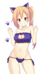 Rule 34 | 10s, 1girl, alternate color, alternate costume, animal ears, atg (wttoo0202), bad id, bad pixiv id, bare shoulders, bell, neck bell, blonde hair, blush, breasts, cat cutout, cat ear panties, cat ears, cat lingerie, choker, cleavage, cleavage cutout, clenched hand, closed mouth, clothing cutout, collarbone, contrapposto, cowboy shot, frills, gluteal fold, groin, hair ribbon, highres, jingle bell, kawakami mai, large breasts, legs apart, long hair, looking at viewer, meme attire, mole, mole under eye, musaigen no phantom world, navel, panties, paw print, purple eyes, purple panties, revision, ribbon, side-tie panties, side ponytail, smile, solo, standing, stomach, strapless, string panties, underwear, underwear only