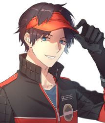Rule 34 | 1boy, berry o t, black gloves, black hair, black jacket, gloves, hand up, hat, jacket, male focus, mole, mole under eye, multicolored clothes, multicolored jacket, oki kouji, parted lips, red hat, red jacket, short hair, simple background, smile, solo, two-tone jacket, upper body, visor cap, white background, world trigger