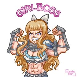 Rule 34 | 1girl, abs, artist name, blonde hair, bow, breasts, charlotte (fire emblem), cleavage, fire emblem, fire emblem fates, flexing, grin, hair bow, highres, medium breasts, nintendo, red eyes, smile, solo