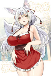 Rule 34 | 1girl, animal ear fluff, animal ears, bare arms, bare shoulders, blush, breasts, cleavage, collarbone, commentary request, cowboy shot, fox ears, hair ornament, hairclip, heterochromia, highres, large breasts, long hair, looking at viewer, original, parted lips, red eyes, sky-freedom, smile, solo, thick eyebrows, thighs, yellow eyes