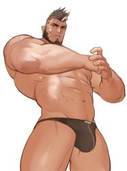 Rule 34 | 1boy, abs, bandaid, bandaid on cheek, bandaid on face, bara, beard, black hair, black male underwear, bulge, cowboy shot, cyphers, damian doyle (cyphers), dark-skinned male, dark skin, facial hair, fist in hand, gomtang, large pectorals, looking at viewer, male focus, male underwear, mature male, mohawk, muscular, muscular male, navel, navel hair, own hands together, pectorals, short hair, solo, stomach, thick thighs, thighs, underwear, underwear only